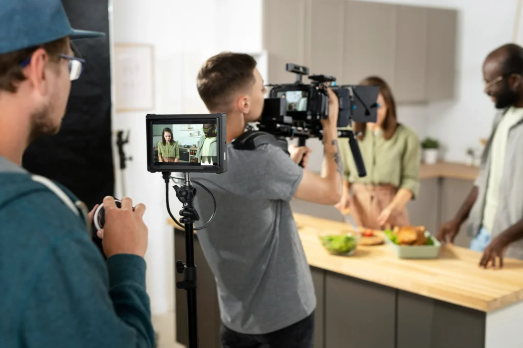 A film crew shooting a kitchen scene, with a camera operator, an on-set monitor and talent at the bench.